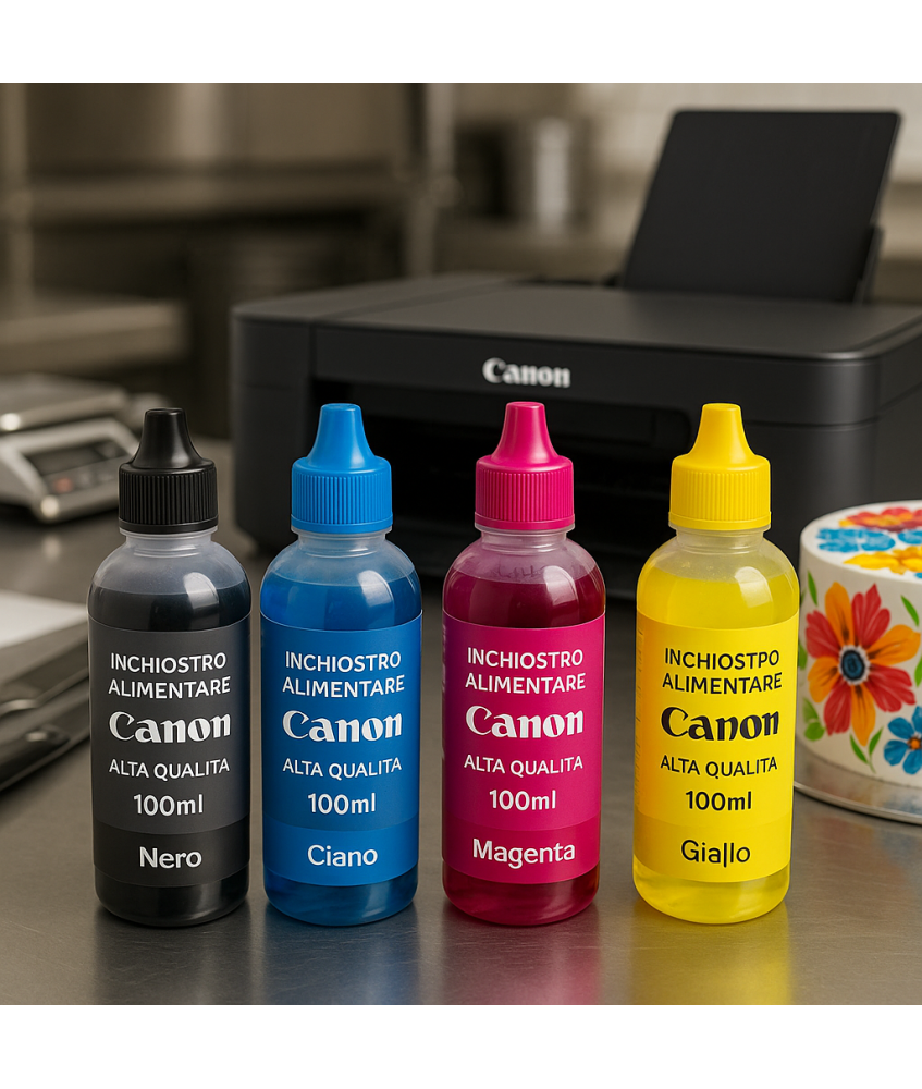 KIT 4 Flaconi Inchiostro Alimentare per Stampanti Canon – 4x100ml – Nero, Ciano, Magenta, Giallo