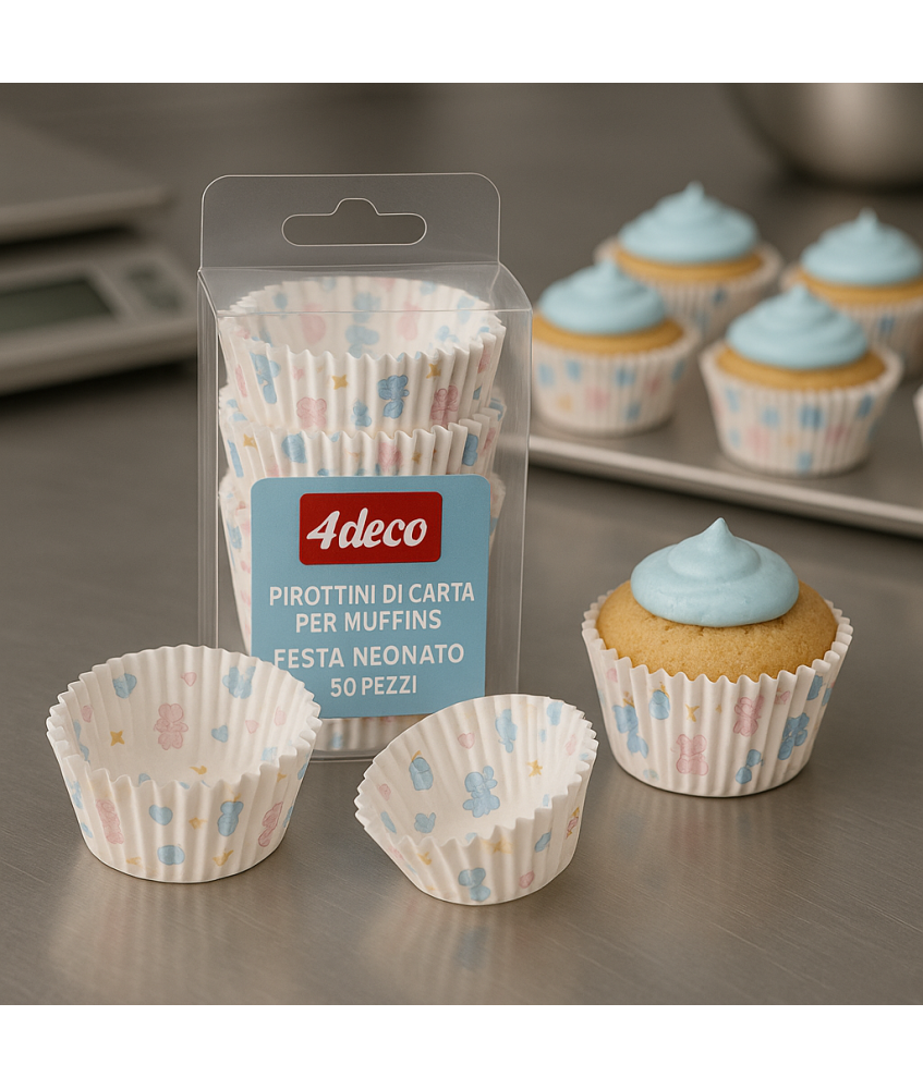 PIROTTINI DI CARTA PER MUFFINS - FESTA NEONATO - 50 PZ - 50x35mm