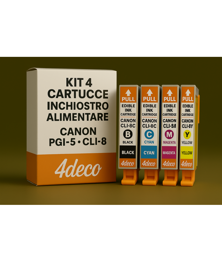 KIT 4 CARTUCCE CON CHIP - INCHIOSTRO ALIMENTARE PER STAMPANTE CANON I