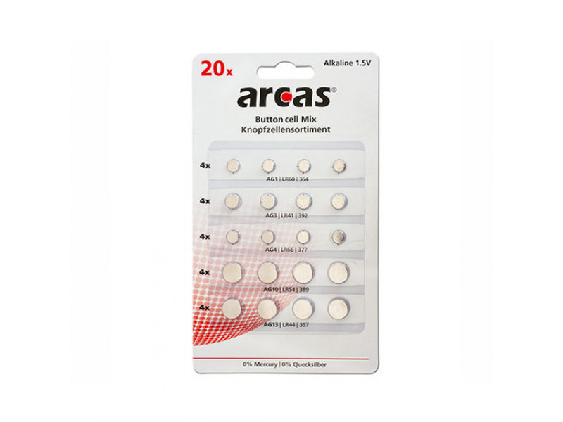 Batteria Arcas set pile a bottone AG1-AG13 0% Mercurio/Hg (20 pezzi)