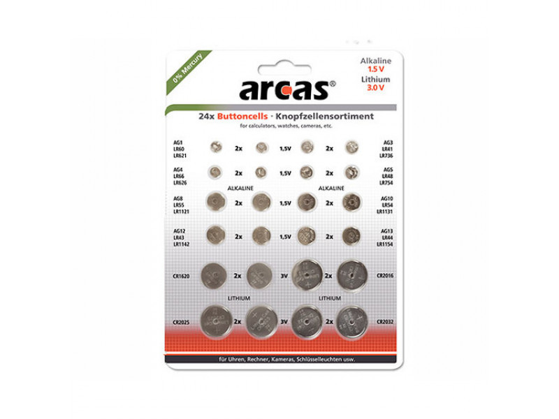 Set di batterie a bottone Arcas da AG1 a CR2032 0% mercurio (24 pz.)