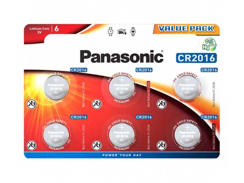 Batteria Panasonic CR2016 al litio, alimentazione al litio da 3 V, blister (confezione da 6)