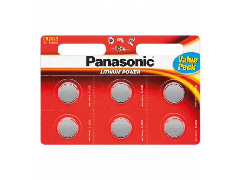 Batteria al litio Panasonic, CR2025, 3 V -, alimentazione al litio, blister (confezione da 6)