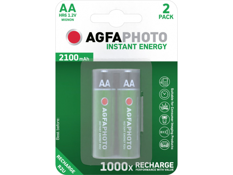 Batteria ricaricabile AGFAPHOTO NiMH, mignon, AA, HR06, 1.2V/2100mAh, blister (confezione da 2)