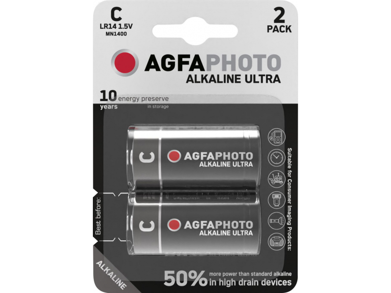 AGFAPHOTO Batteria Alcalina, Baby, C, LR14, 1.5V, Blister (Confezione da 2)