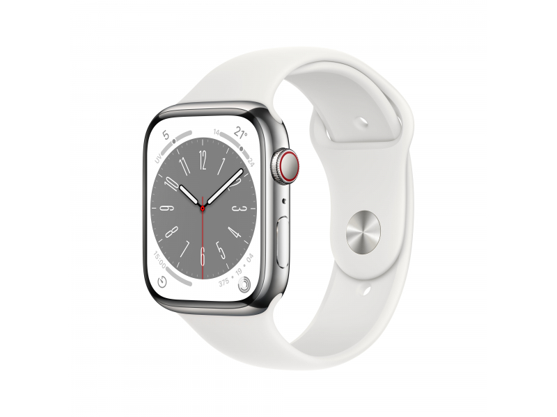 Apple Watch Series 8 (GPS + Cellular) 45mm EldestahlÃƒÂ¤feuse Silver, Sports Band White