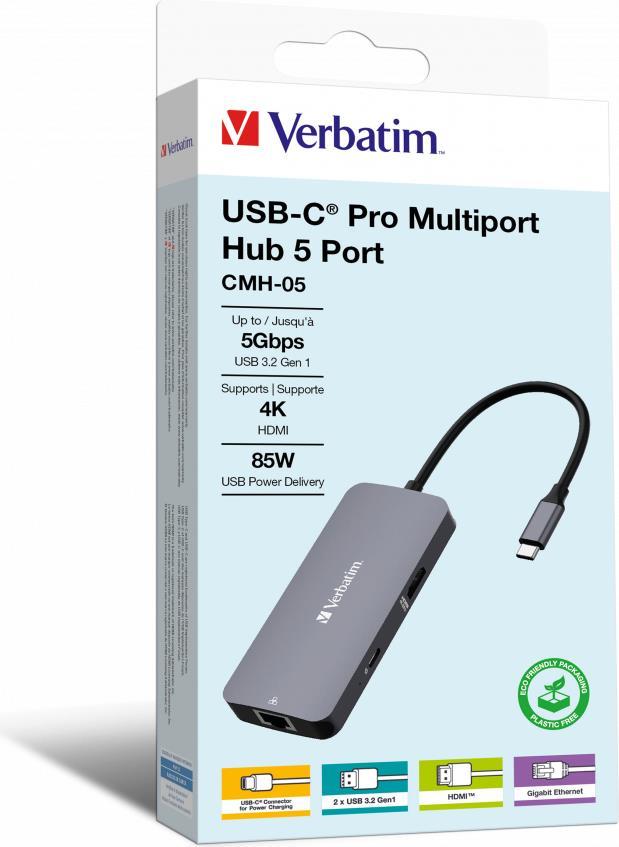 Verbatim CMH-05 USB tipo-C 5000 Mbit/s Argento (VERBATIM USB-C PRO MULTIPORT HUB 5 PORT CMH-05)