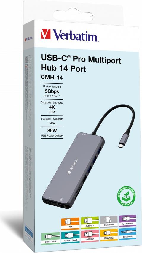 Verbatim CMH-14 USB tipo-C 5000 Mbit/s Argento (VERBATIM USB-C PRO MULTIPORT HUB 14 PORT CMH-14)