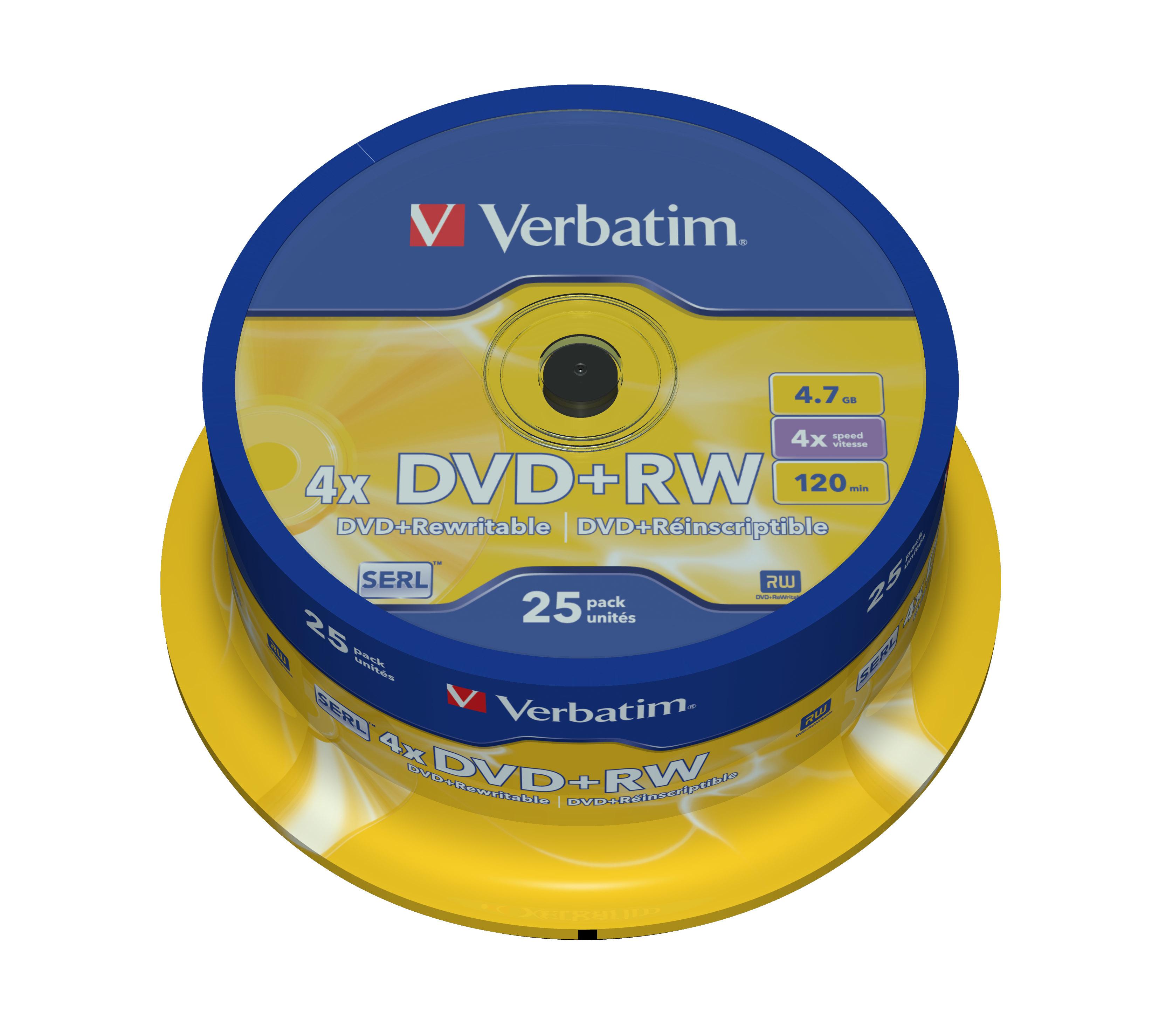 Ã¢â‚¬Â¢ Verbatim Ã¢â‚¬Â¢ 25x DVD+RW Ã¢â‚¬Â¢ 4.7GB 4x Ã¢â‚¬Â¢ mattes Silber Ã¢â‚¬Â¢ Spin