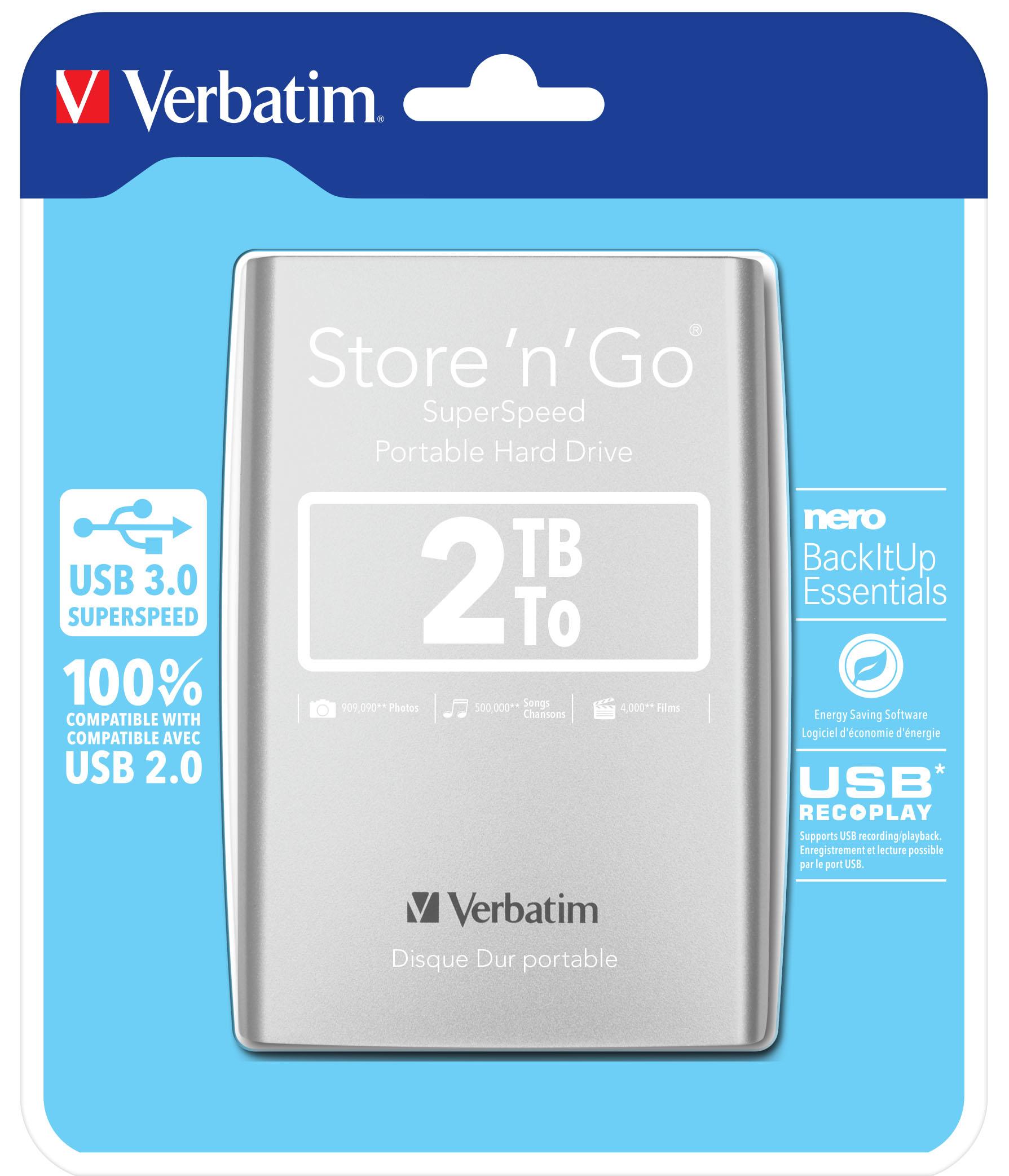 Verbatim Disco rigido portatile Store 'n' Go USB 3.0 da 2 TB Argento