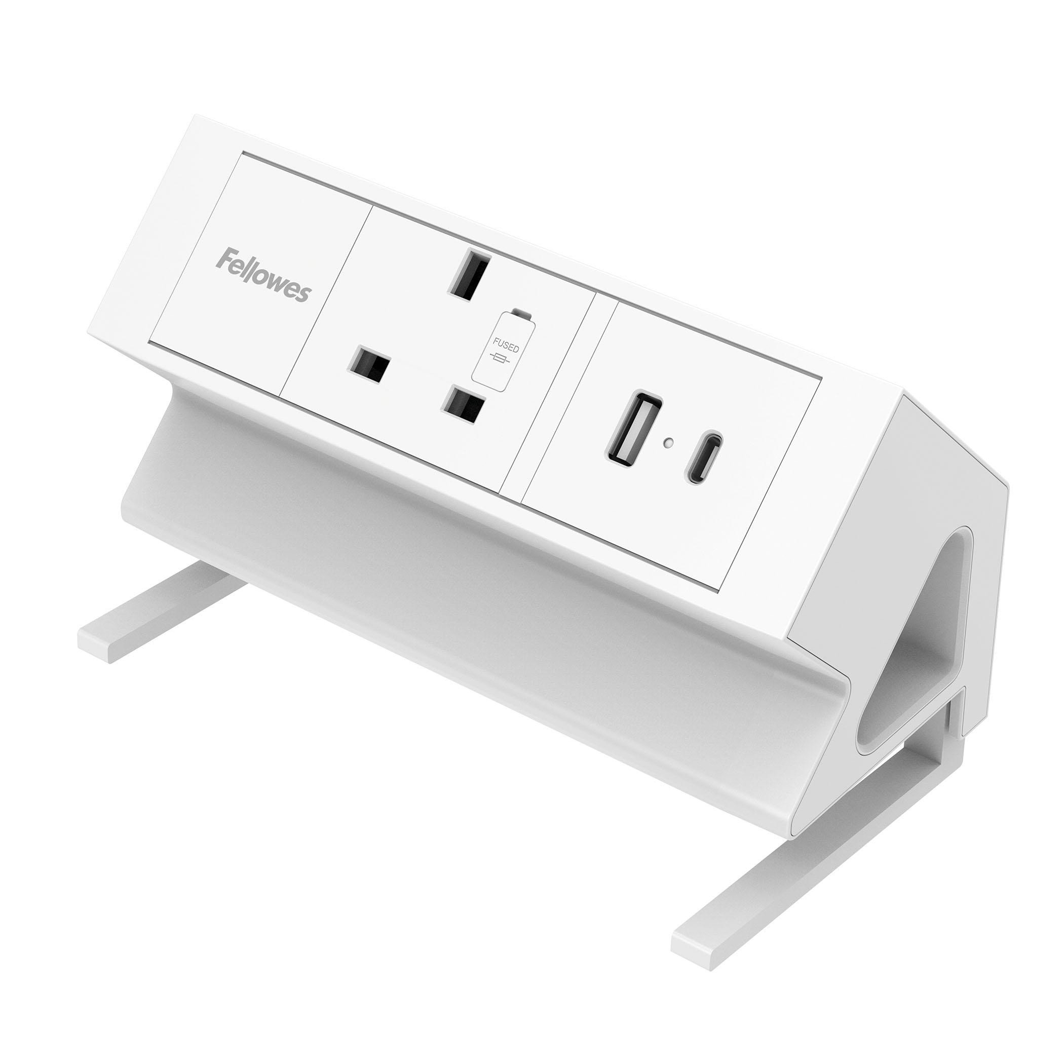 Fellowes Power Desk Type G Clamp Fit 1x230v 1xUSB-A 1x USB-C Socket 2m Cable White - 100137171 prolunghe e multiple 1 presa(e)