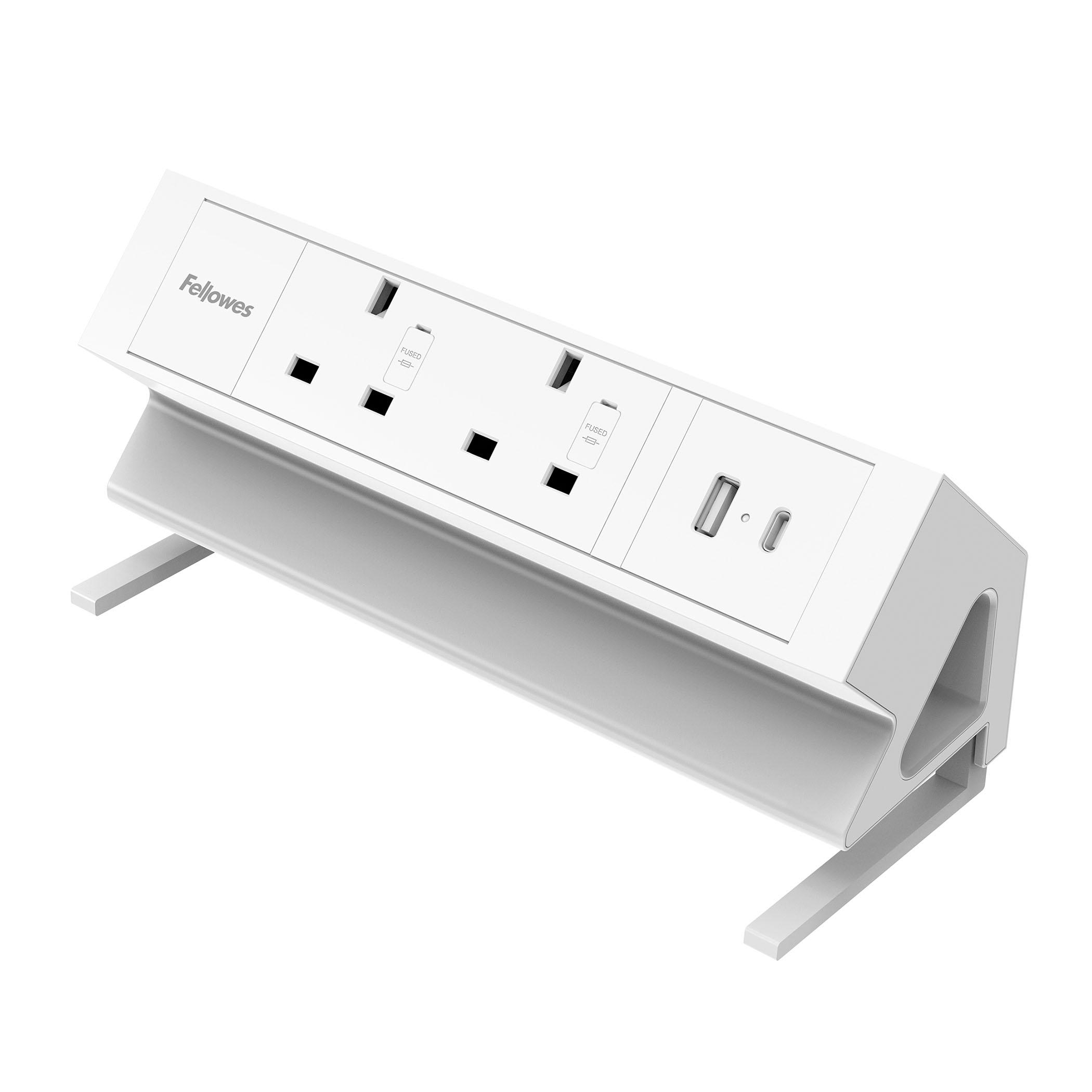 Fellowes Power Desk Type G Clamp Fit 2x230v 1xUSB-A 1x USB-C Socket 2m Cable White - 100137181 prolunghe e multiple 2 presa(e)