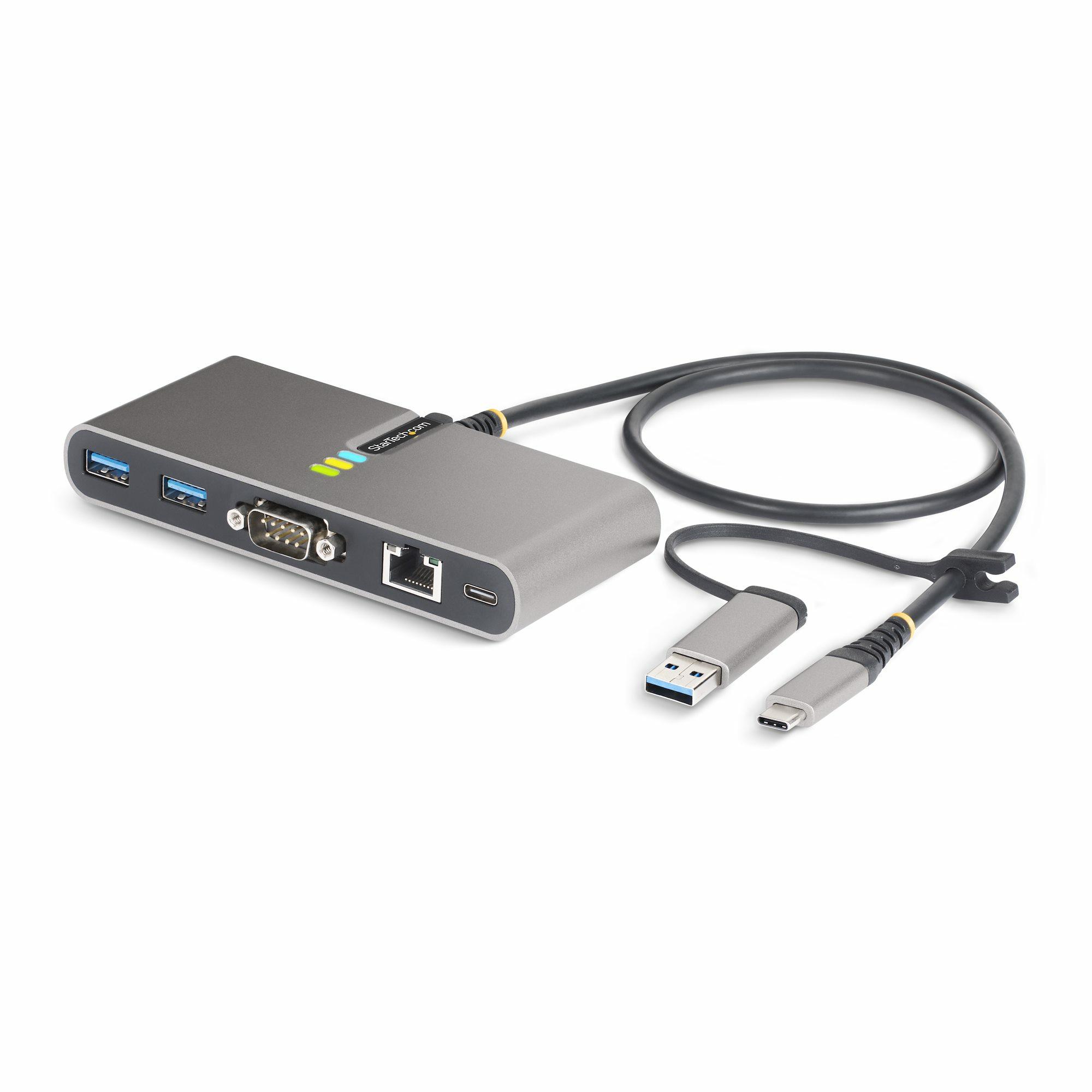 StarTech.com Hub USB-C a 2 porte con Ethernet e RS-232, dongle USB-C a USB-A collegato, 100W PD Pass-through, 2x USB-A 5Gbps, G