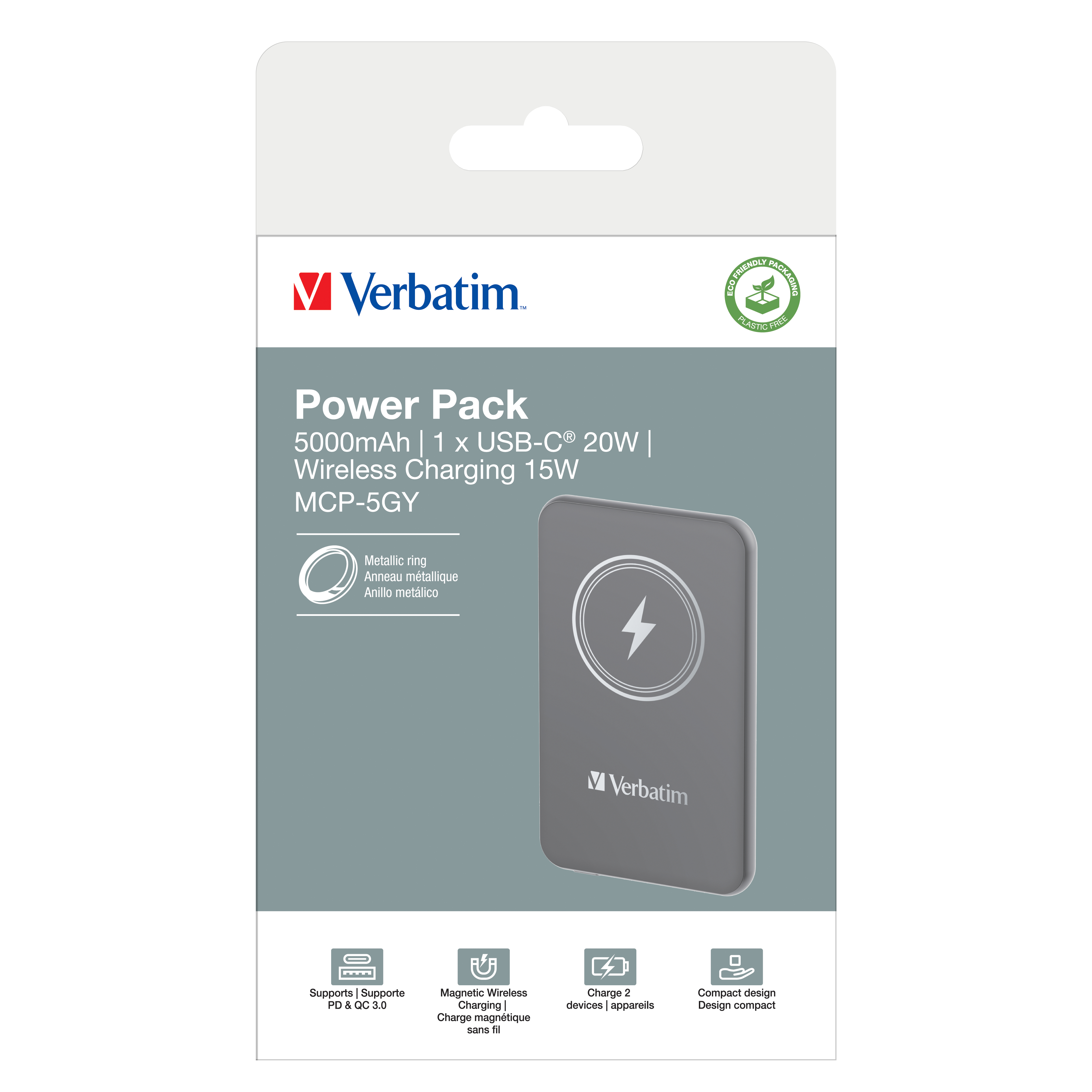 VERBATIM POWER BANK 5000 CHARGENGO MAGNETICA WIRELESS,GRIGIA