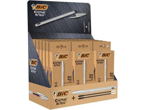 Bic Cristal Renew Display da 21 penne a sfera con corpo in metallo 2 ricariche - 15 inchiostro blu e 6 inchiostro nero - punta