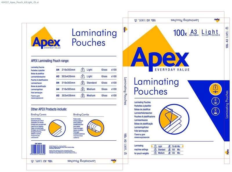 Confezione Fellowes Apex con 100 copertine per plastificare la luminosit A3 - 75 micron - alta qualit - trasparente