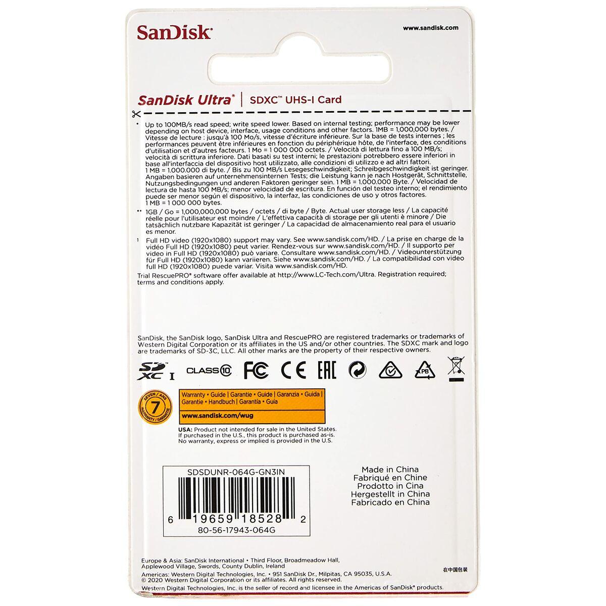 SanDisk Ultra 64 GB SDXC UHS-I Classe 10 (SanDisk Ultra SDXC Class 10 UHS-I 100MB/s 64GB)