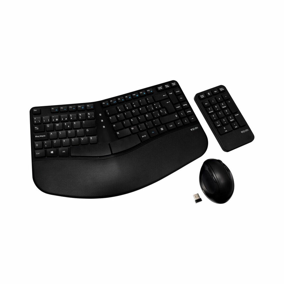 V7 Tastiera mouse e combinazione con tastierino wireless ergonomici (ERGONOMIC KEYBOARD MOUSE COMBO - WIRELESS W/KEYPAD SPANISH