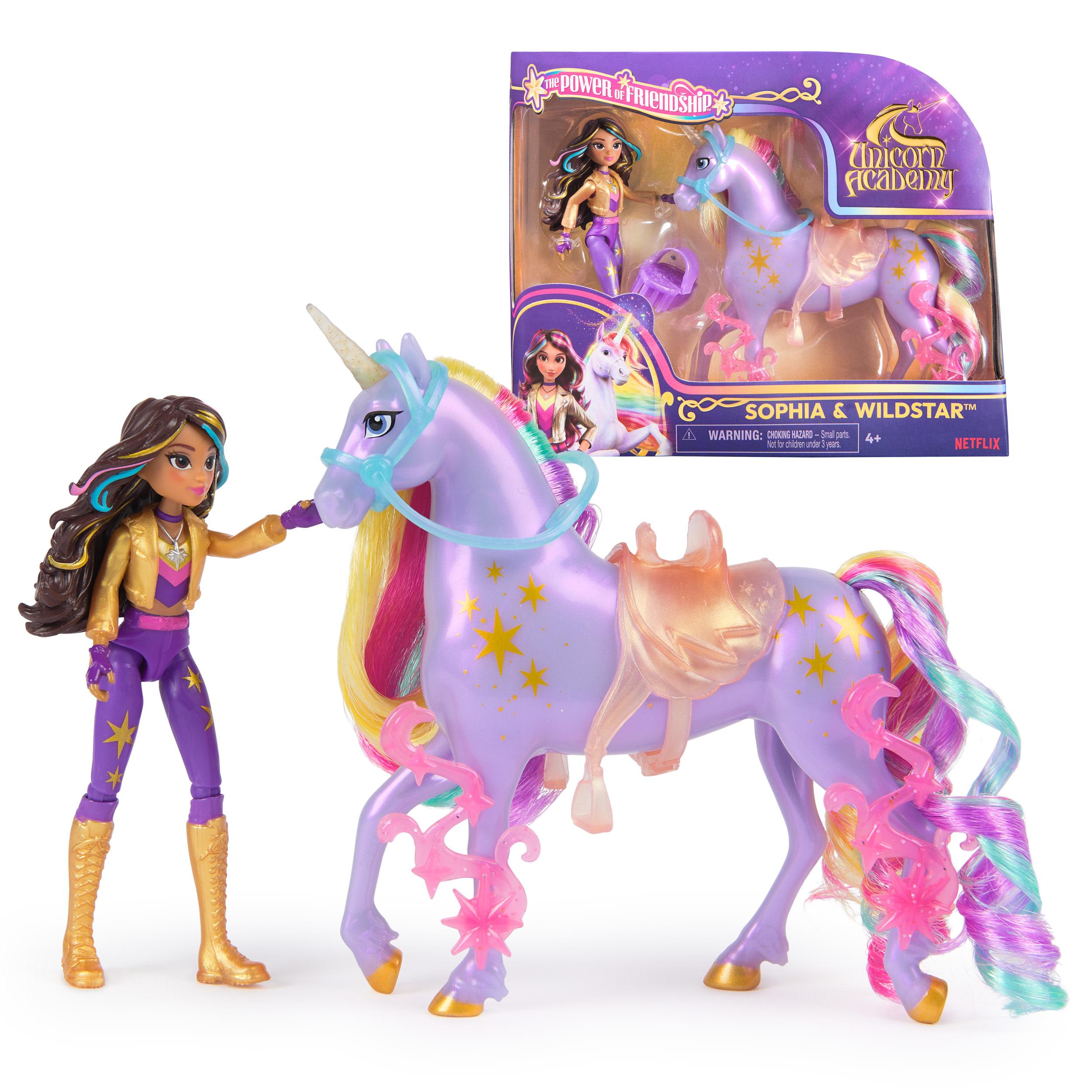 Unicorn Academy, set Sophia & Wildstar Power of Friendship, sella semitrasparente e 2 accessori poteri magici, bambole e unicor