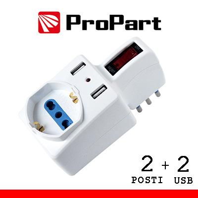 Adattatore 2pos bipasso/schuko USB spina10A salvasp. int.
