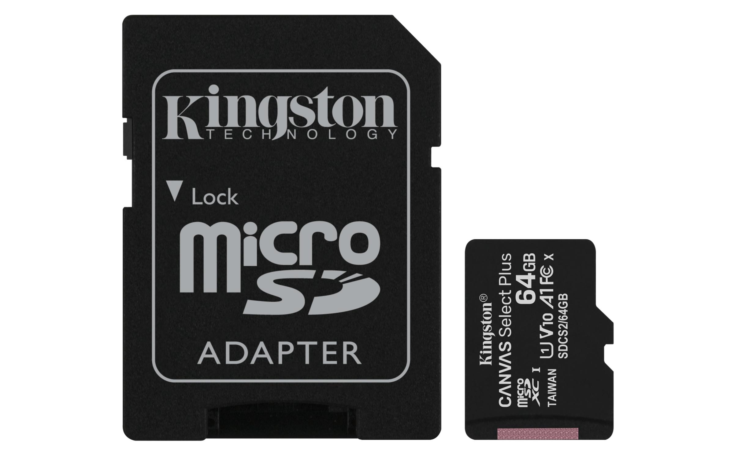 Kingston Technology Scheda micSDXC Canvas Select Plus 100R A1 C10 da 64GB confezione tripla adattatore singolo (64GB MICROSDXC