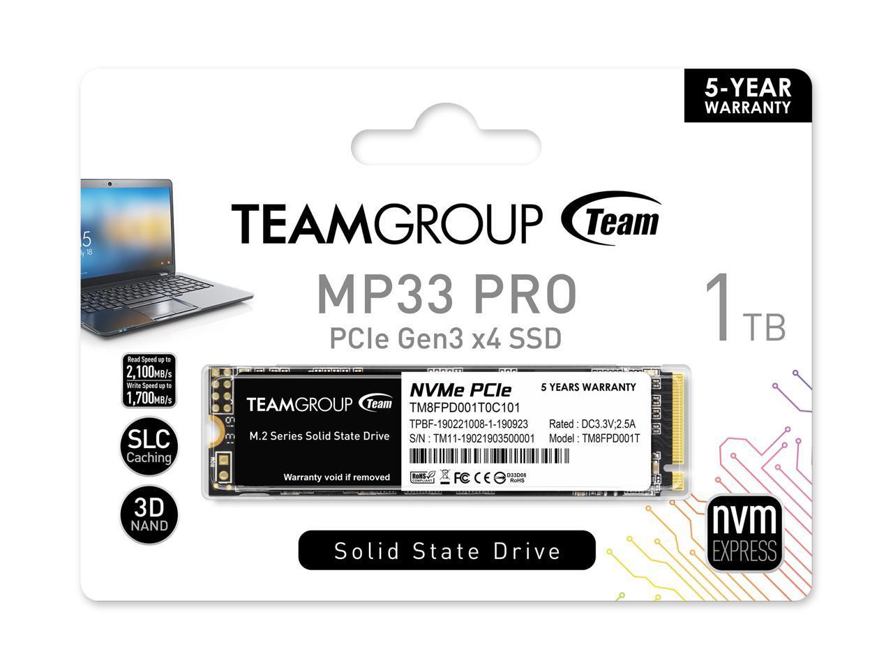 TEAM GROUP ELITE SOLID STATE DRIVE SSD 1TB MP33 M.2 NVMe PCIe 3.0 TM8FPD001T0C101