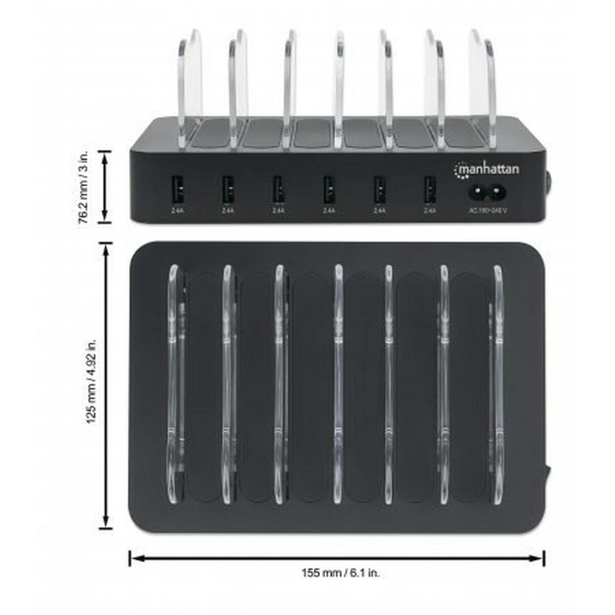 Manhattan 102254 organizzatore per stazioni di carica Nero (Charging Station, 6X Usb-A - Ports, Outputs: 6X 2.4A, - Smart Ic, L