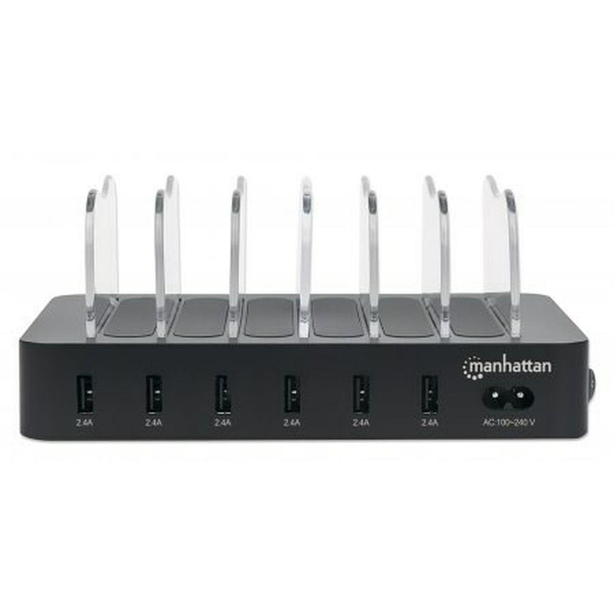 Manhattan 102254 organizzatore per stazioni di carica Nero (Charging Station, 6X Usb-A - Ports, Outputs: 6X 2.4A, - Smart Ic, L