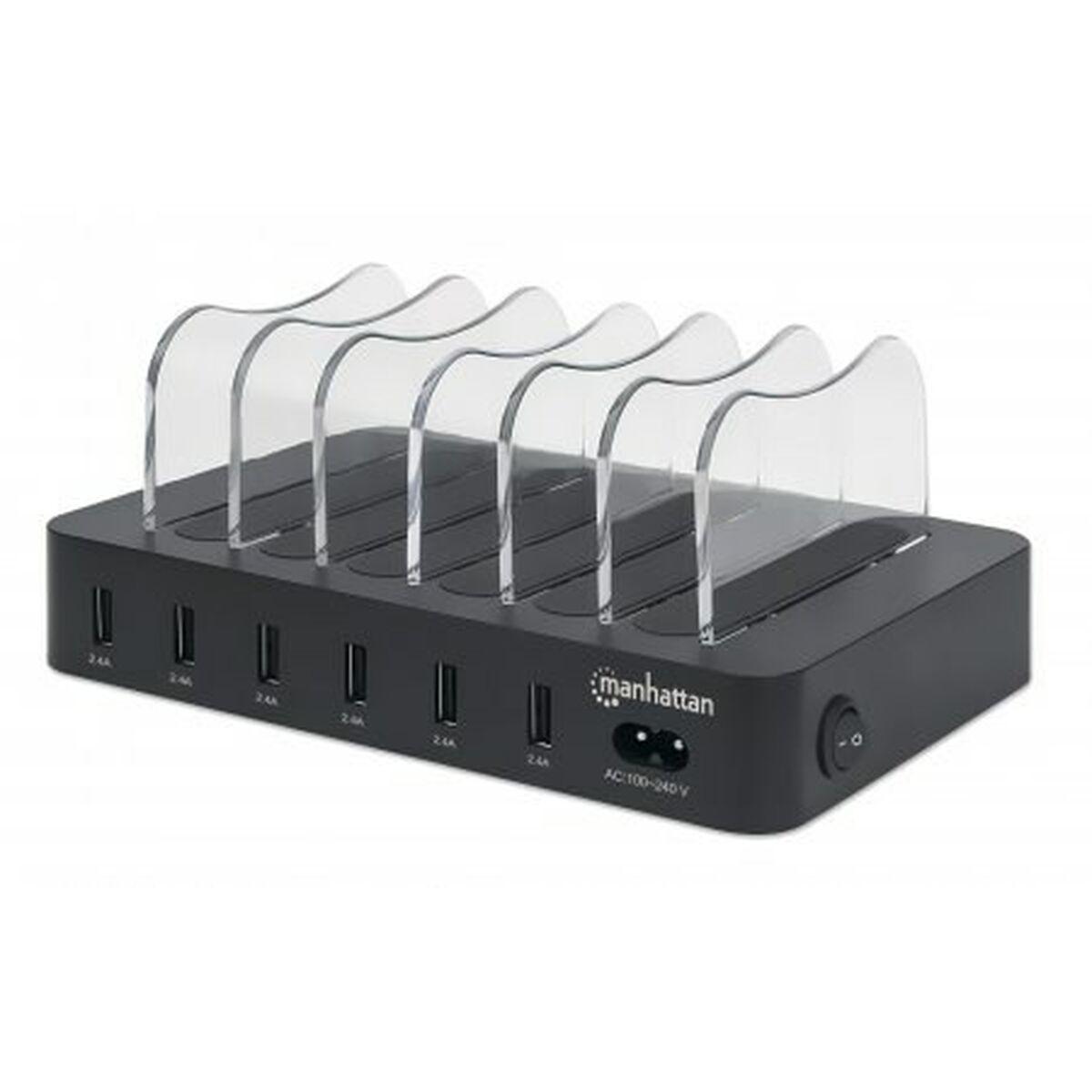 Manhattan 102254 organizzatore per stazioni di carica Nero (Charging Station, 6X Usb-A - Ports, Outputs: 6X 2.4A, - Smart Ic, L