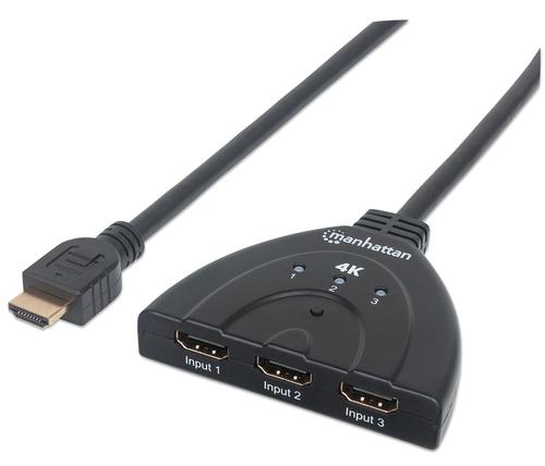 Manhattan 207874 conmutador de vdeo HDMI (HDMI Switch 3-Port 4K60Hz Connects x3 HDMI sources to x1 display Manual Switching via