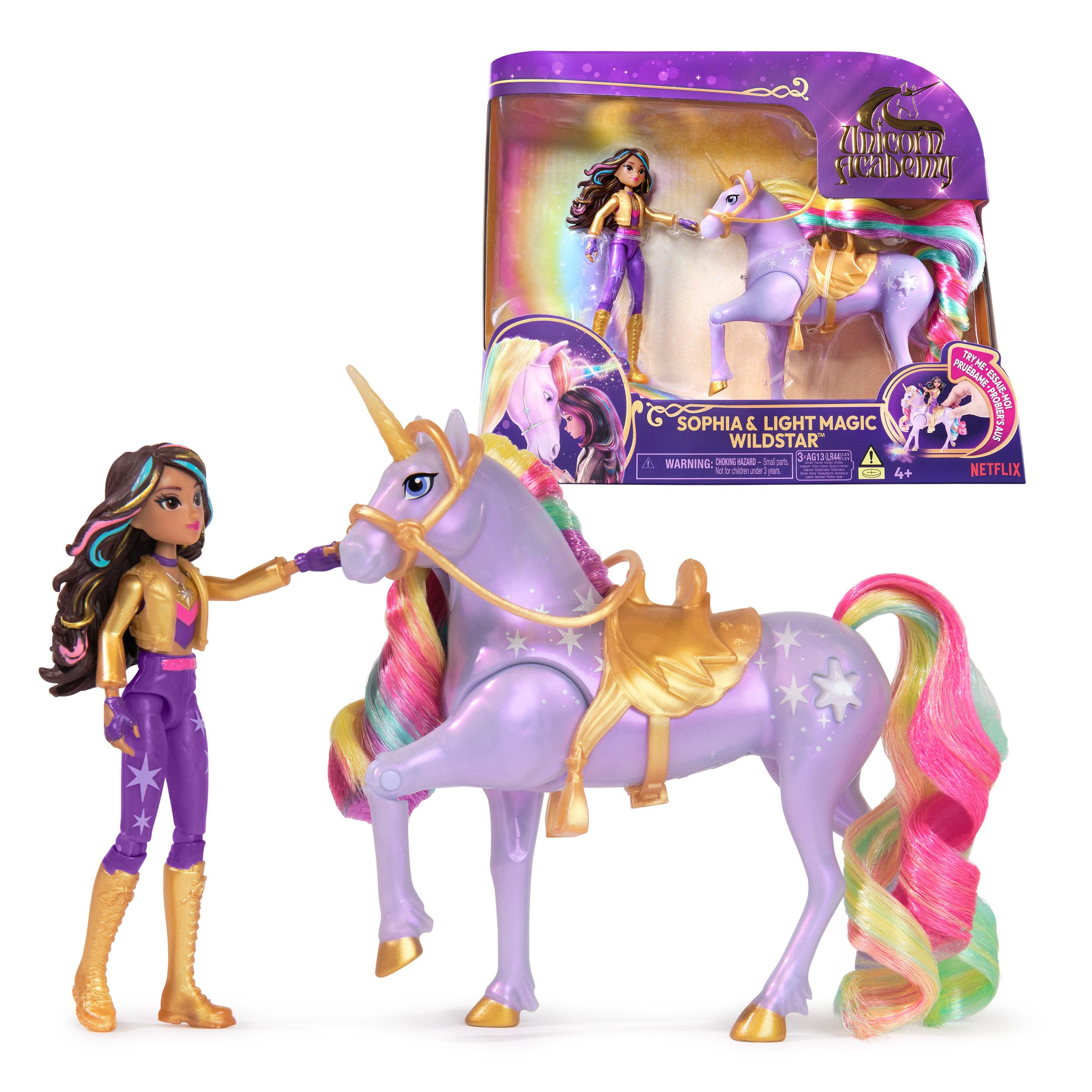 Unicorn Academy, Sophia & Light Magic Wildstar con Effetto Magica Luce dell’Arcobaleno, 2 Accessori per l'Equitazione, Bambol