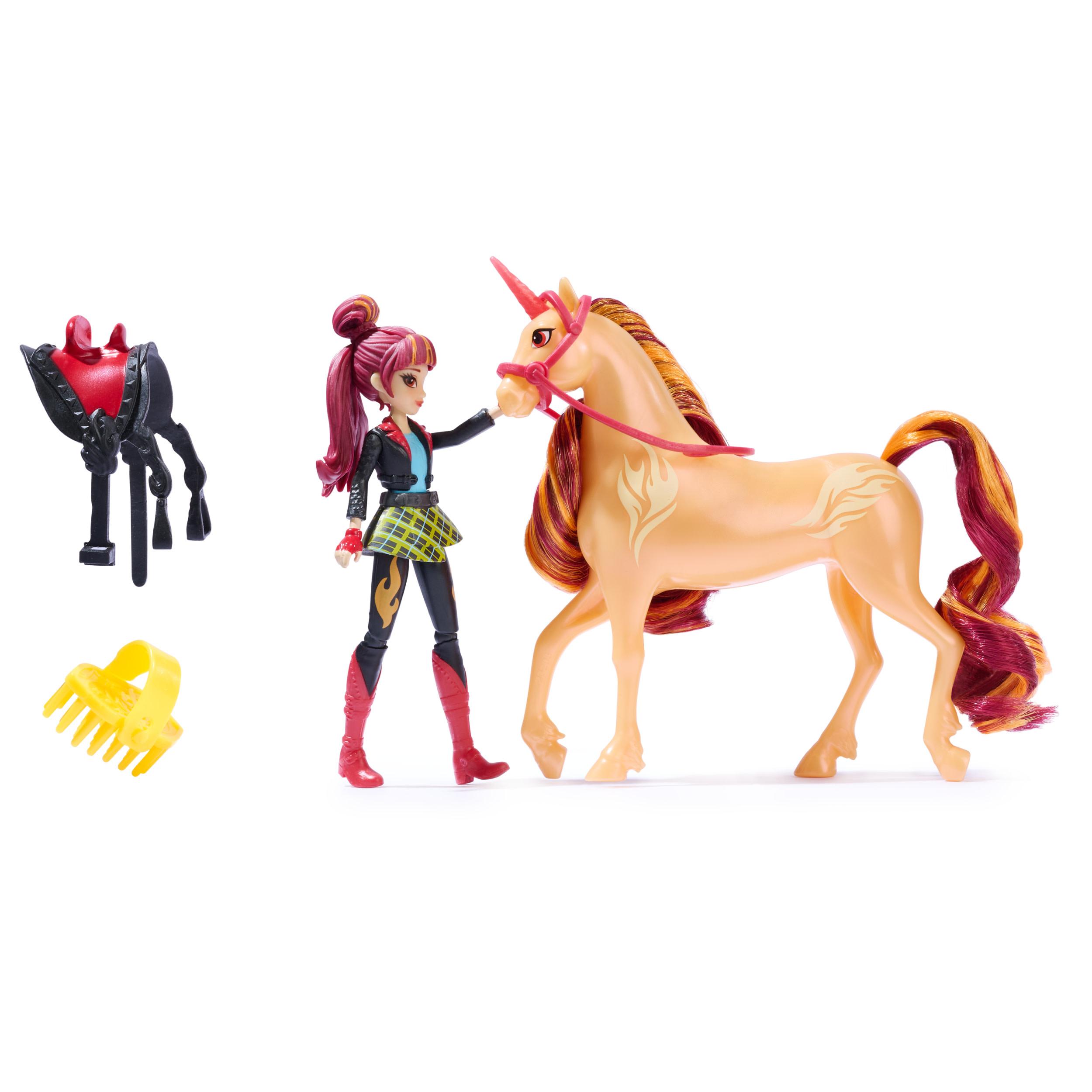 Set Unicorn Academy, Valentina & Cinder, con 2 Accessori Per l'Equitazione e Strumento per lo Styling dei Capelli, Bambole e Un