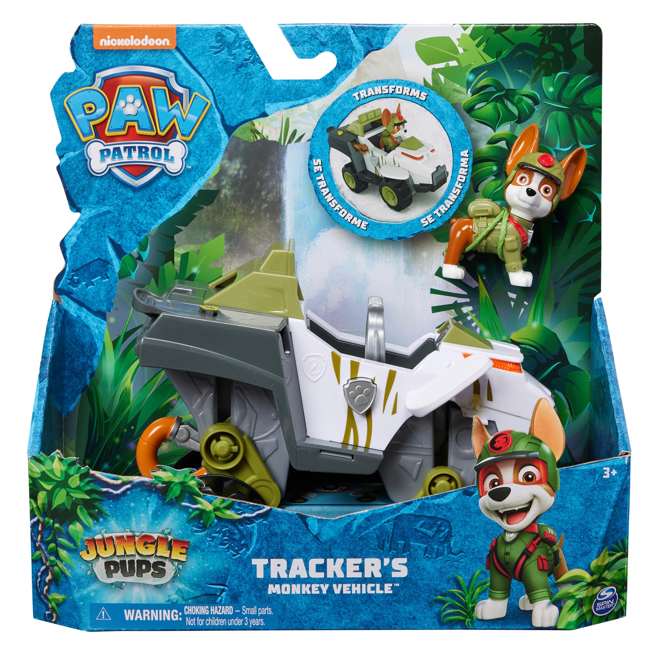 PAW Patrol Jungle Pups, Veicolo Scimmia di Tracker, veicolo giocattolo con personaggio Tracker da collezione, giocattoli per ba