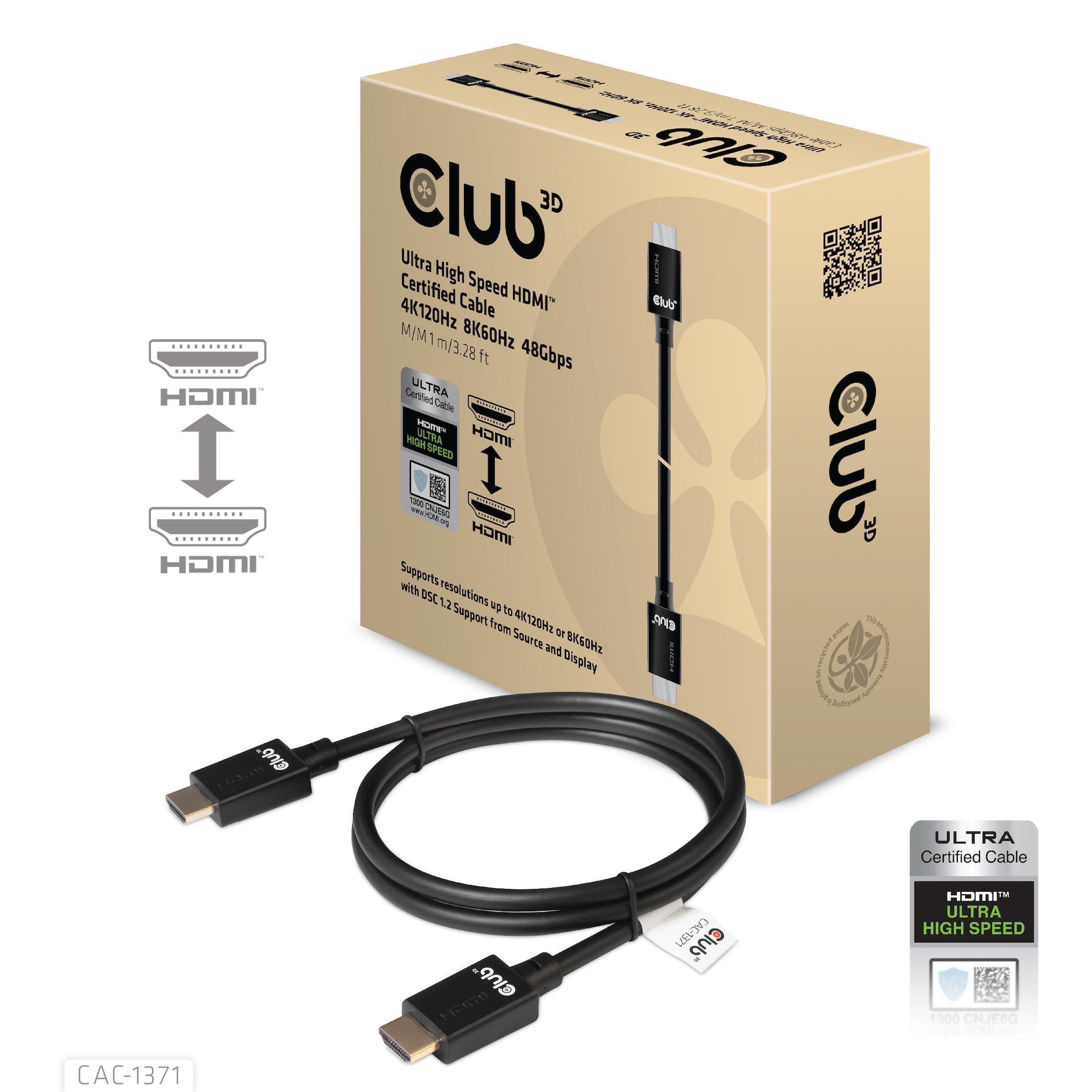 CLUB3D Ultra High Speed HDMI 4K120Hz 8K60Hz Certified Cable 48Gbps M/M 1 m/3.28 ft