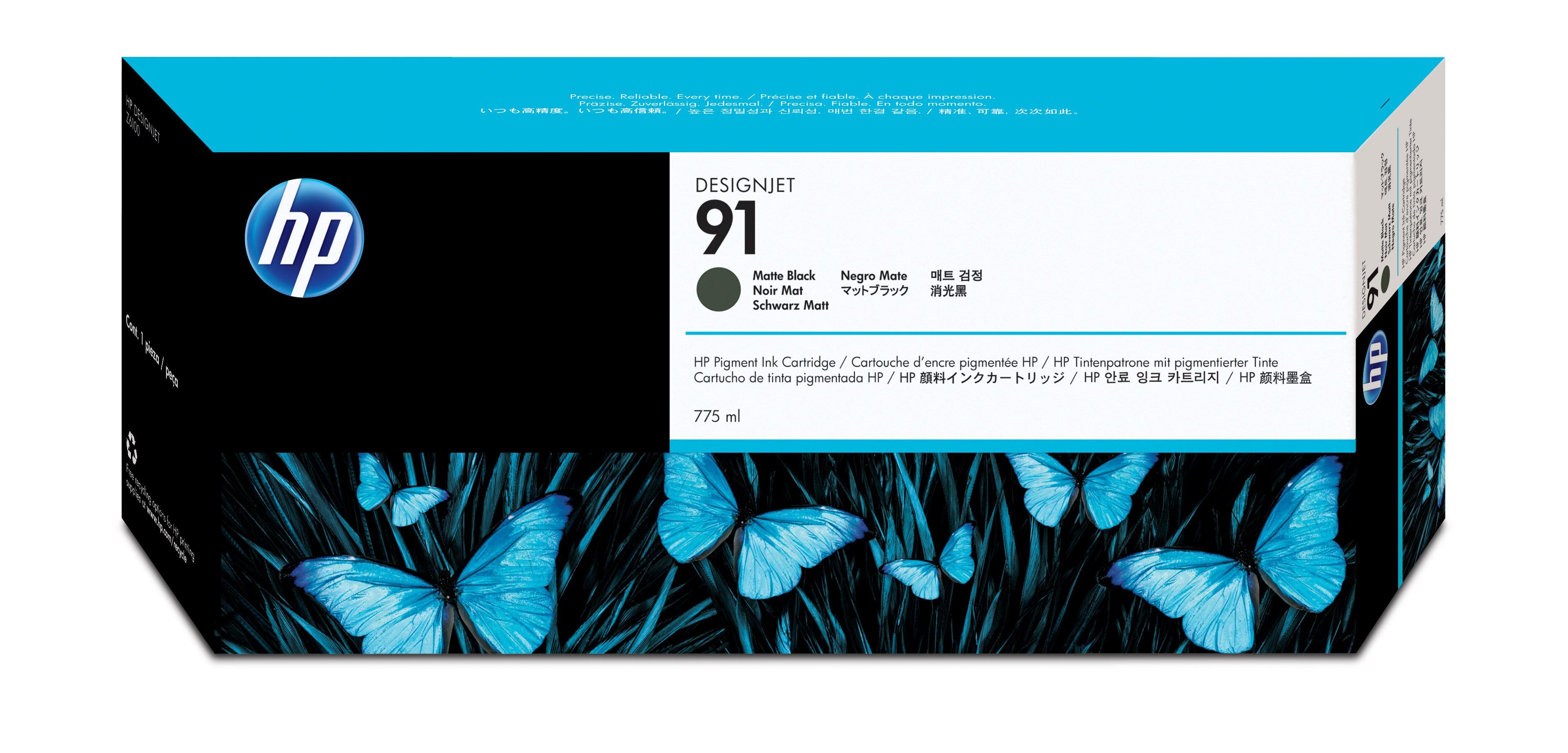HP Cartuccia di inchiostro pigmentato nero opaco originale DesignJet 91 da 775 ml