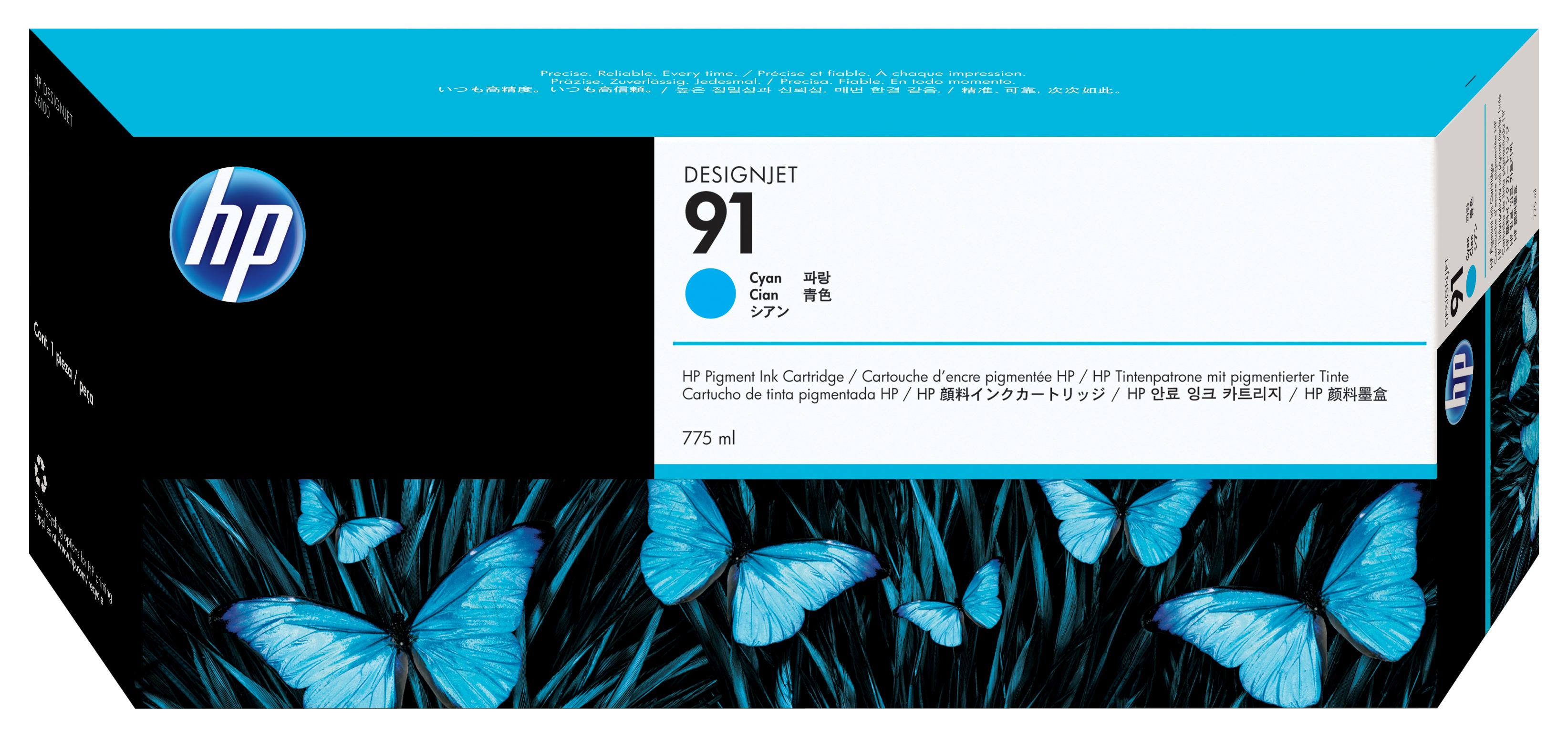 HP Cartuccia di inchiostro ciano pigmentato originale DesignJet 91 da 775 ml