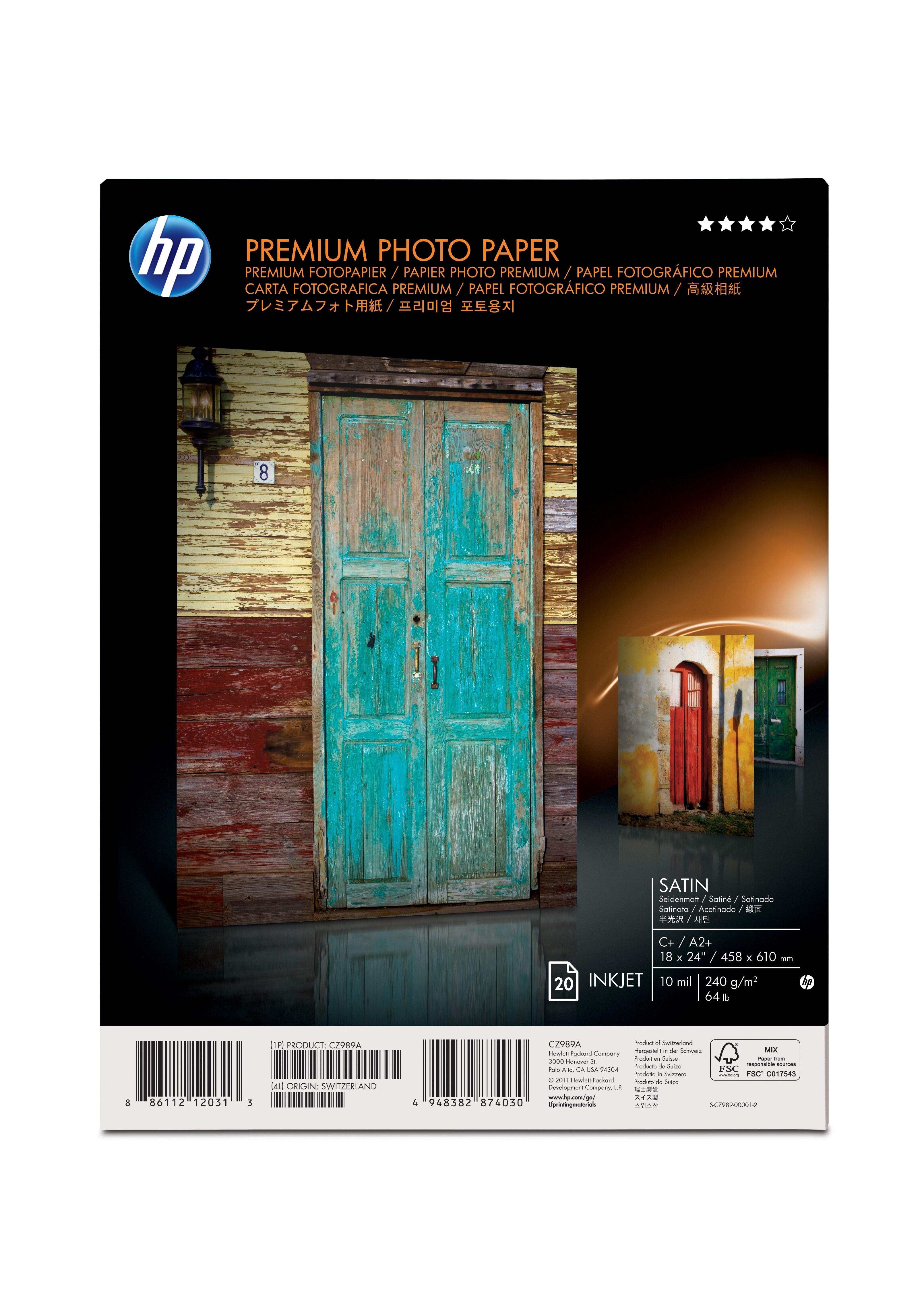 HP Premium Satin 20 sht/A2+/458 x 610 mm (18 x 24 in) carta fotografica Bianco Satinata