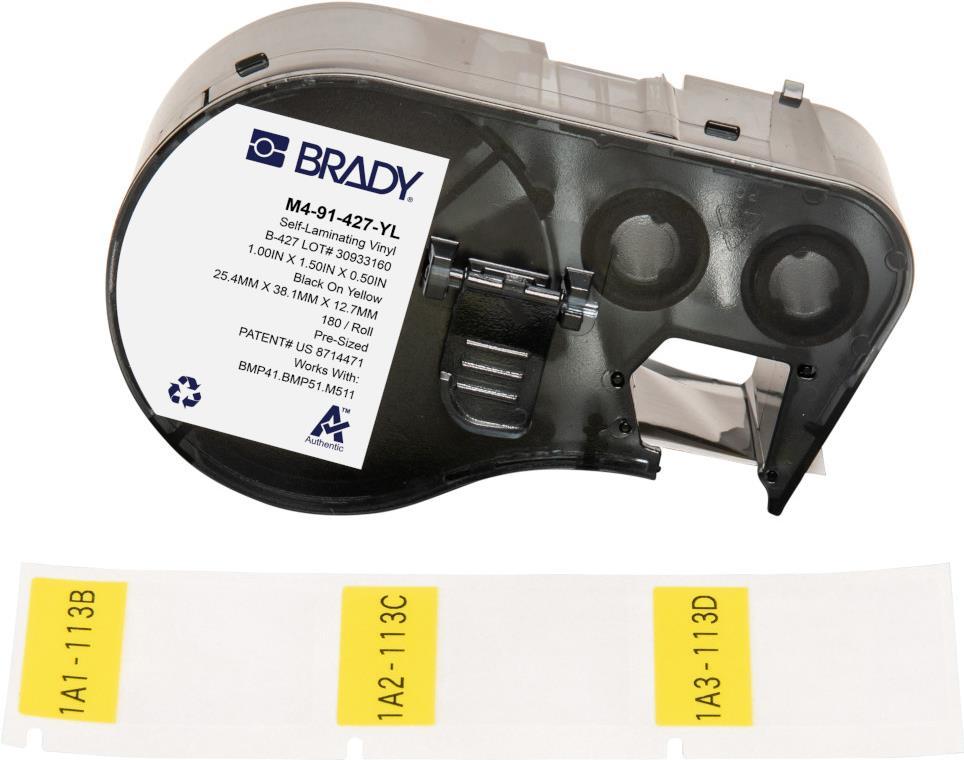 Brady, M4-91-427-L, vinile auto-laminante, giallo/trasparente, 25,40 x 12,70 (38,10) mm, permanente, per diametro del cavo di 4