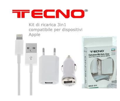 TECNO KIT DI RICARICA HOME E CAR PER IPHONE 5/6/7 CAVO FLAT BLACK B-2016