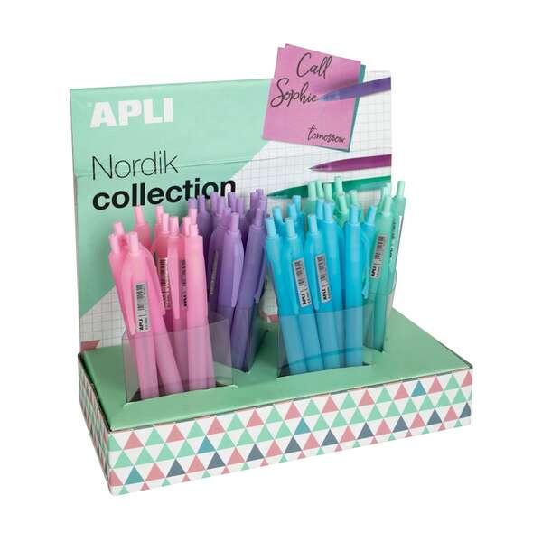 Espositore APPI NORDIK con 48 boligrafi in gel - punta da 0,5 mm - inchiostro blu - finitura silicone - colori dei corpi assort