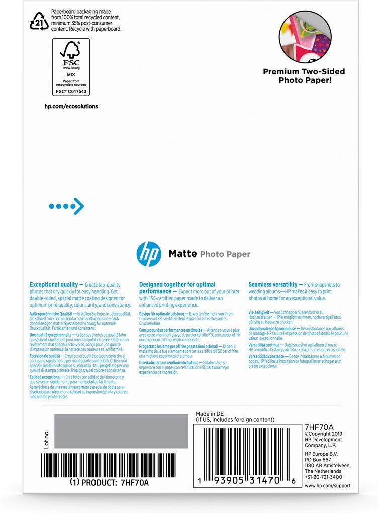 ORIGINAL HP Carta Bianco 7HF70A Fotopapier Matt Carta fotografica HP opaca, 180 g/m2, 10 x 15 cm (101 x 152 mm), 25 fogli