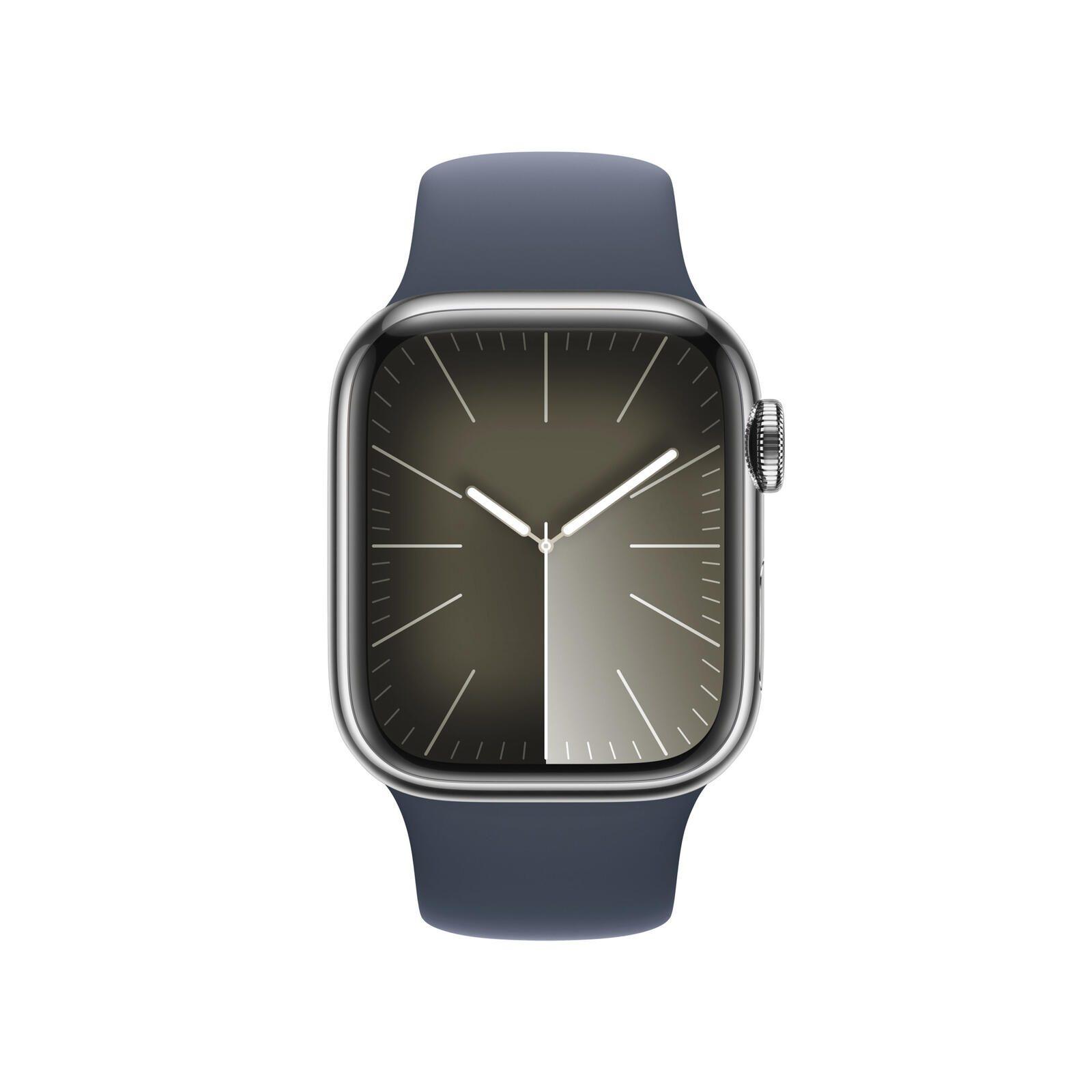 Apple Watch Series 9 (GPS + Cellular) cassa in acciaio inossidabile da 45 mm argento, cinturino sportivo blu tempesta M/L