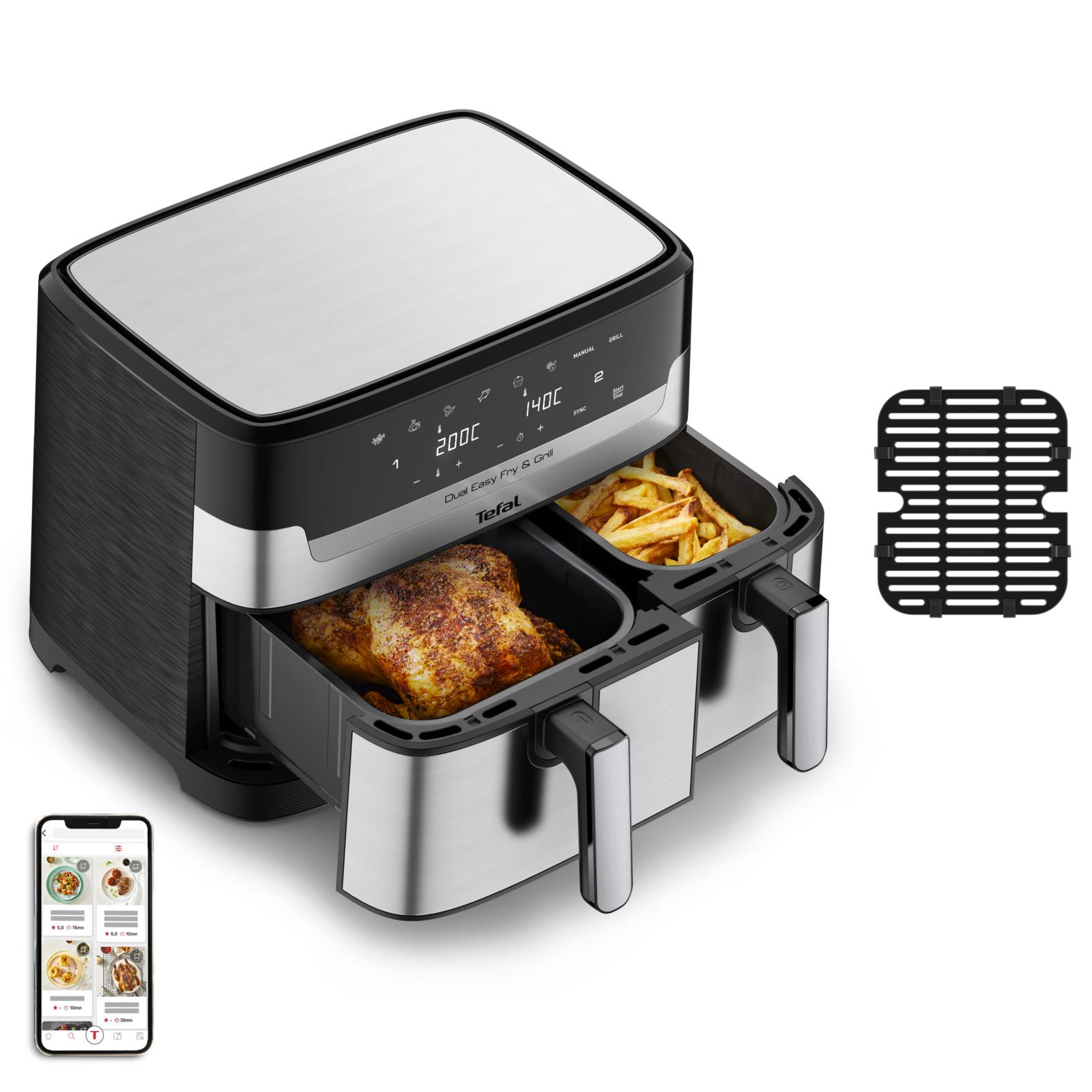 Tefal Dual Easy Fry & Grill EY905D Doppia 83 L Indipendente 2700 W Friggitrice ad aria calda Acciaio inox