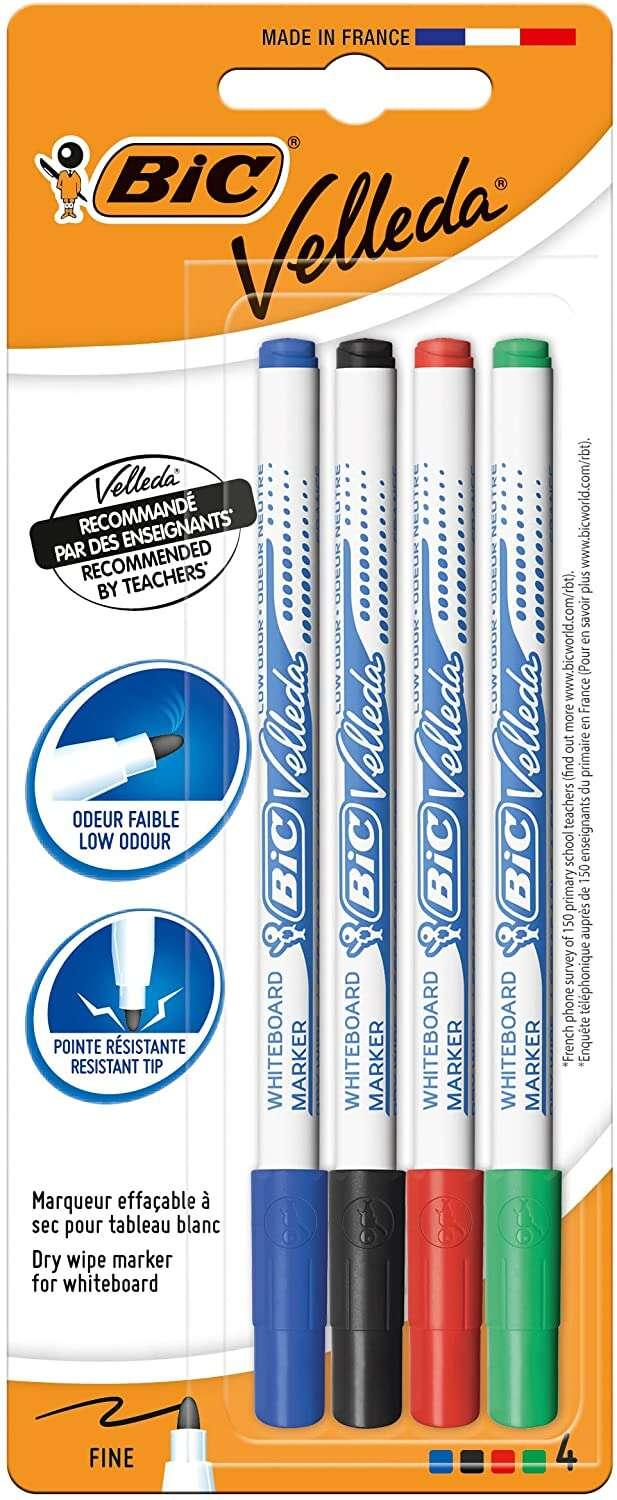 BIC VELLEDA 1721 Pacchetto di 4 pennarelli in ardesia - punta morbida - ictus da 1.6 mm - cancellazione ottimale - colori ordin
