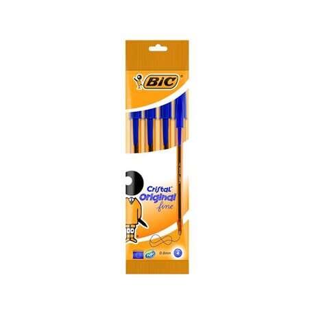 Bic Crystal Original Fine Pacco di 4 Penne Roller - punta tonda di 0.8 mm - tratto da 0.3 mm - base olio con colore blu - blu -