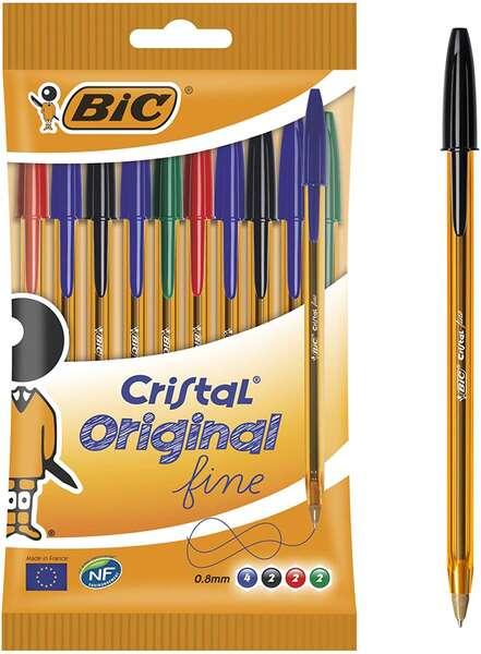 Confezione da 10 penne a sfera Bic Crystal Original Fine punta rotonda