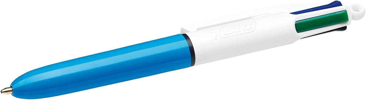Mini penna a sfera retrattile Bic 4 colori - Punta media da 1 mm - Tratto 0,4 mm - Inchiostro a base di olio - Corpo bianco/blu