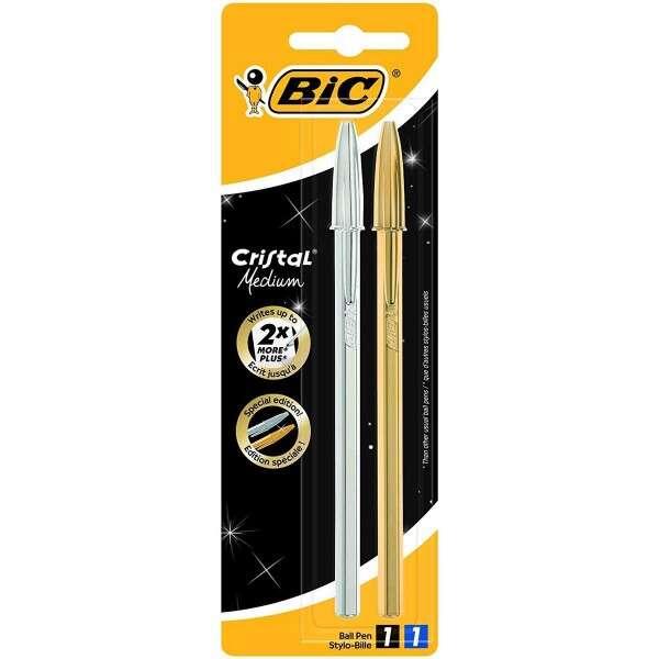 Confezione da 2 penne a sfera Bic Crystal Shine - punta media da 10 mm - getto d'inchiostro a base di olio - Corpo argento e or