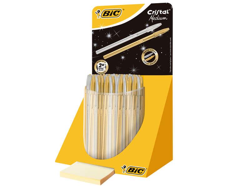 Bic Crystal Line Celebration Expositor di 40 boligrafi a sfere con corpo oro e argento - punta media da 1,0 mm - base dell'olio