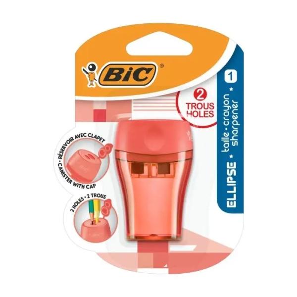 Temperamatite Bic Ellipse in plastica - 2 Fori - Ampio Deposito per Resti - Colore Casuale Verde Blu o Corallo